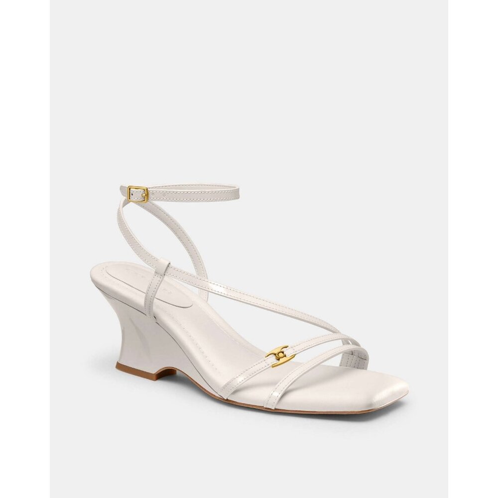Coach Cait Sandal Women's Size 9.5 Chalk Leather Slip On Ankle Strap Wedge Heel